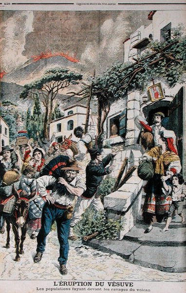 Uitbarsting van de Vesuvius, Mensen Vluchten voor de Vulkaan, illustratie uit Le Petit Journal, 22 april 1906 door French School
